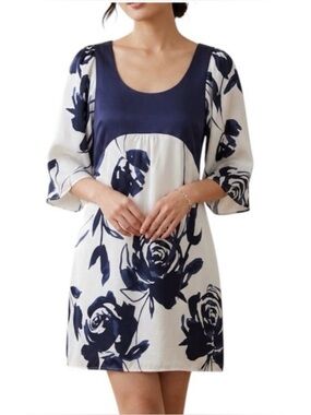 Tristan SILK Sz M Wide Sleeve Empire Waist Floral Mini Dress White Blue